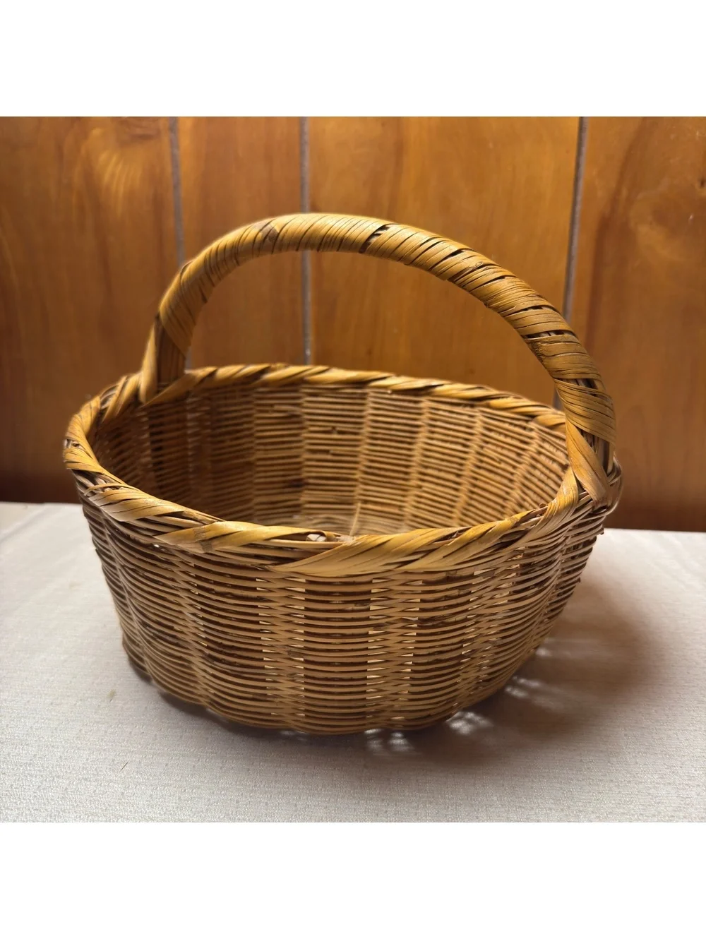 Vintage Woven Wicker Gathering Basket Round Rustic Farmhouse 11x11x8